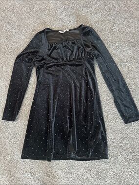 SO Black Velvet Long Sleeve Mini Dress with Sparkling Studs